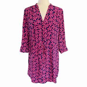 Diane Von Furstenberg Reina Shirt Dress Floral Print Split Neck Mini Silk Pink 6
